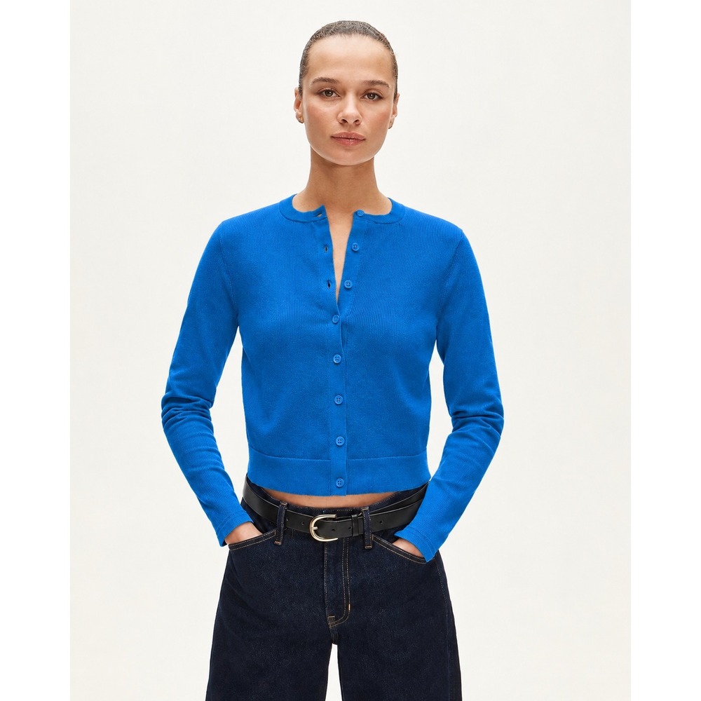J.Crew Jackie Cardigan XXS Blue Ribbed Tencel Silk Cropped Tennis Prep Sweater